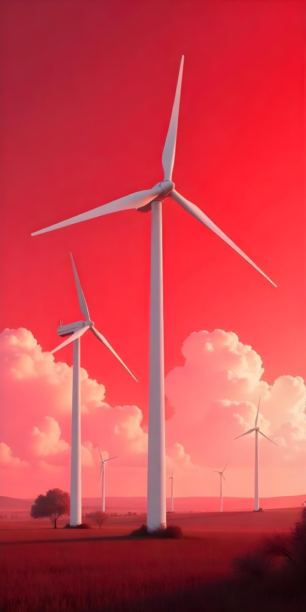 Wind Turbines With White Tips Under A Red Sky With White Clouds Generating Clean Energy In A Rural Environment 20 69d9