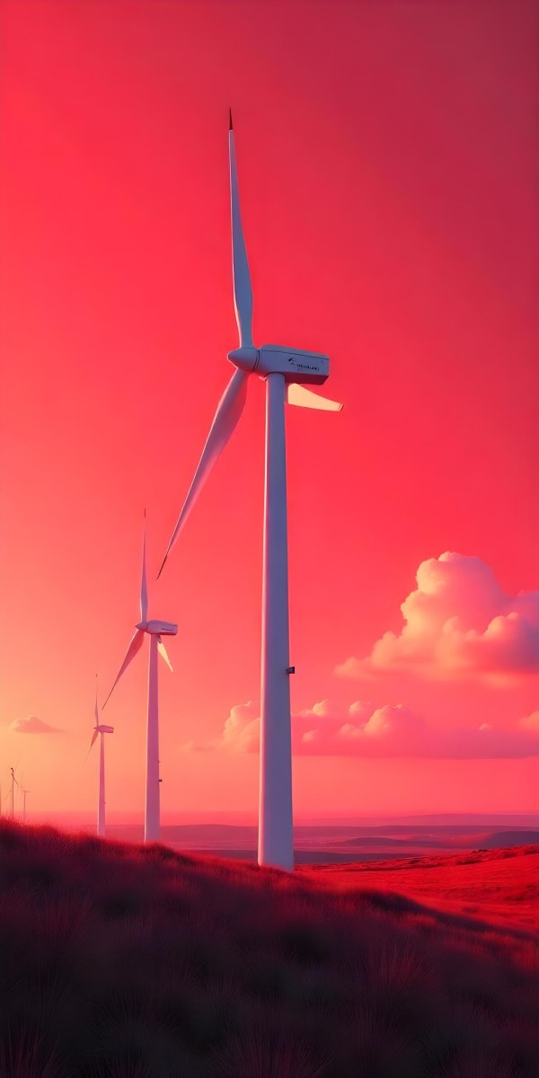 Wind Turbines With White Tips Under A Red Sky With White Clouds Generating Clean Energy In A Rural Environment 21 78dc