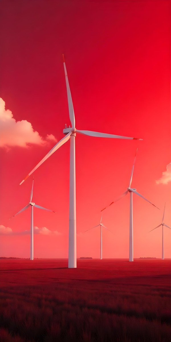 Wind Turbines With White Tips Under A Red Sky With White Clouds Generating Clean Energy In A Rural Environment 22 564a