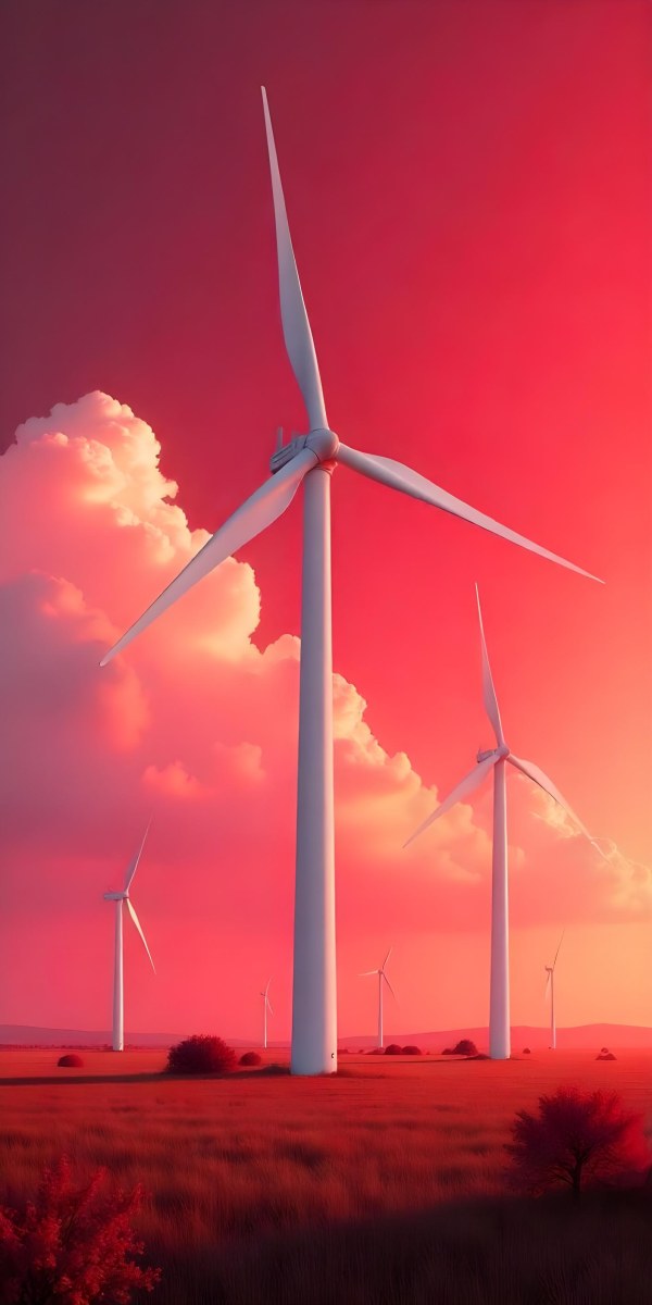 Wind Turbines With White Tips Under A Red Sky With White Clouds Generating Clean Energy In A Rural Environment 23 E8c4
