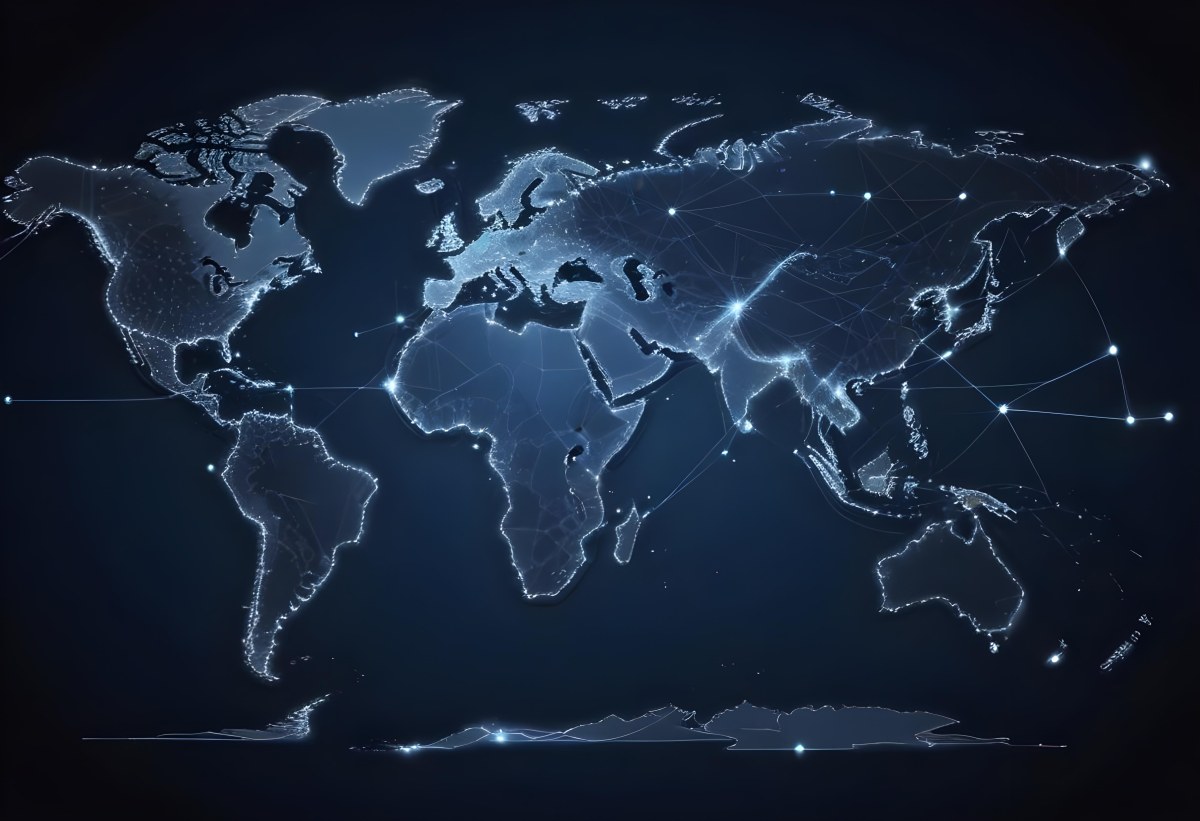 World Map With Interconnected Dots And Lines Representing Global Network Communication And Technology Set Against A Dark Blue Background Modern And Futuristic Design 22 94a9