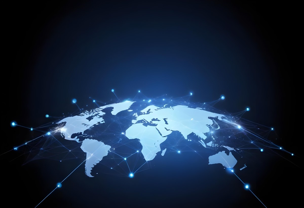 World Map With Interconnected Dots And Lines Representing Global Network Communication And Technology Set Against A Dark Blue Background Modern And Futuristic Design 24 0223