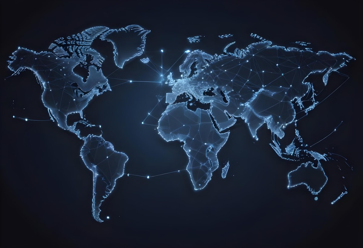 World Map With Interconnected Dots And Lines Representing Global Network Communication And Technology Set Against A Dark Blue Background Modern And Futuristic Design 30 7fe9
