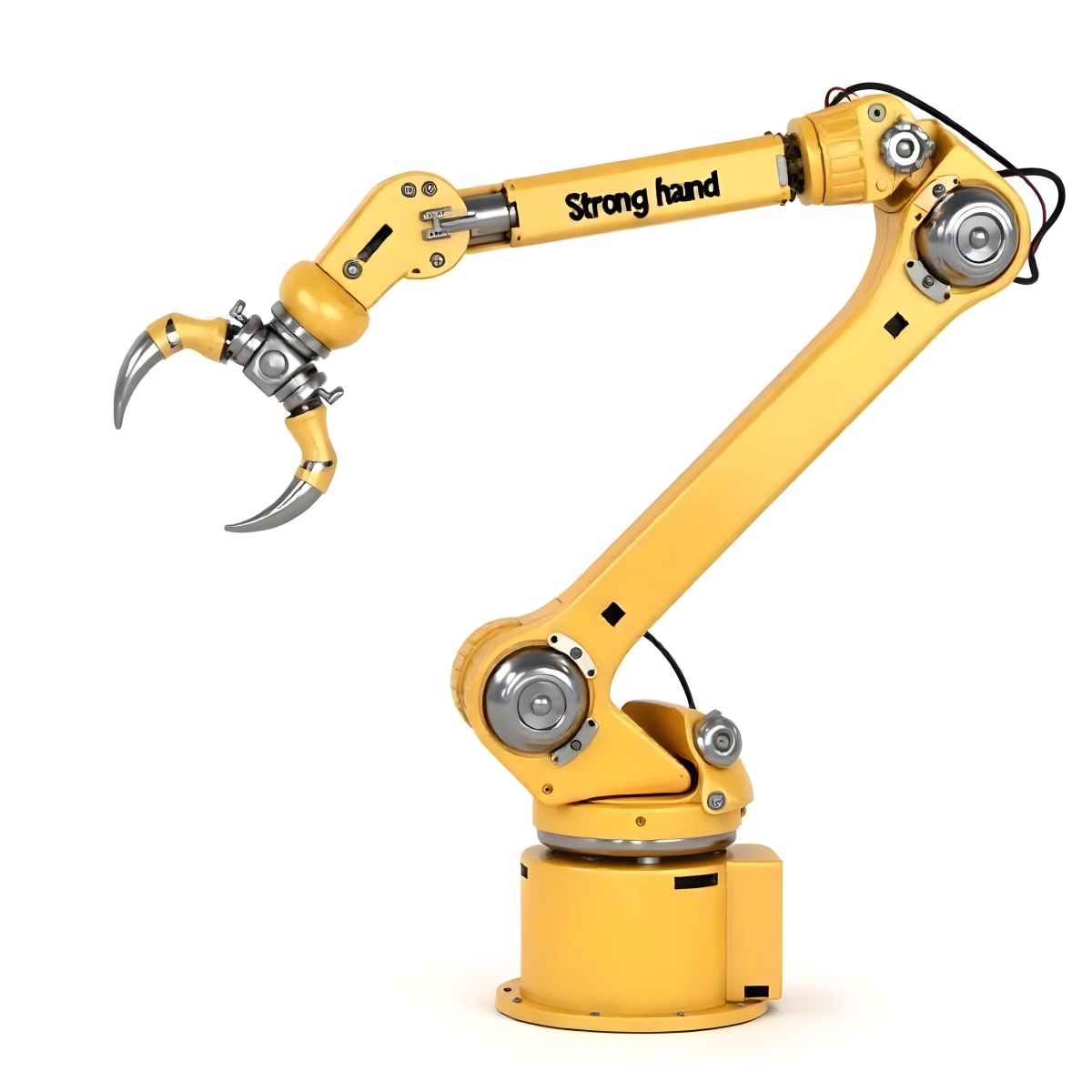 Yellow Industrial Robotic Arm With Metal Pincers The Arm Has The Words Strong Hand Written On It Isolated On White Background 1 Be47