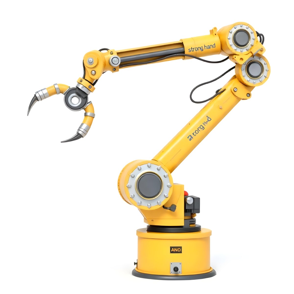 Yellow Industrial Robotic Arm With Metal Pincers The Arm Has The Words Strong Hand Written On It Isolated On White Background 3 5a7a
