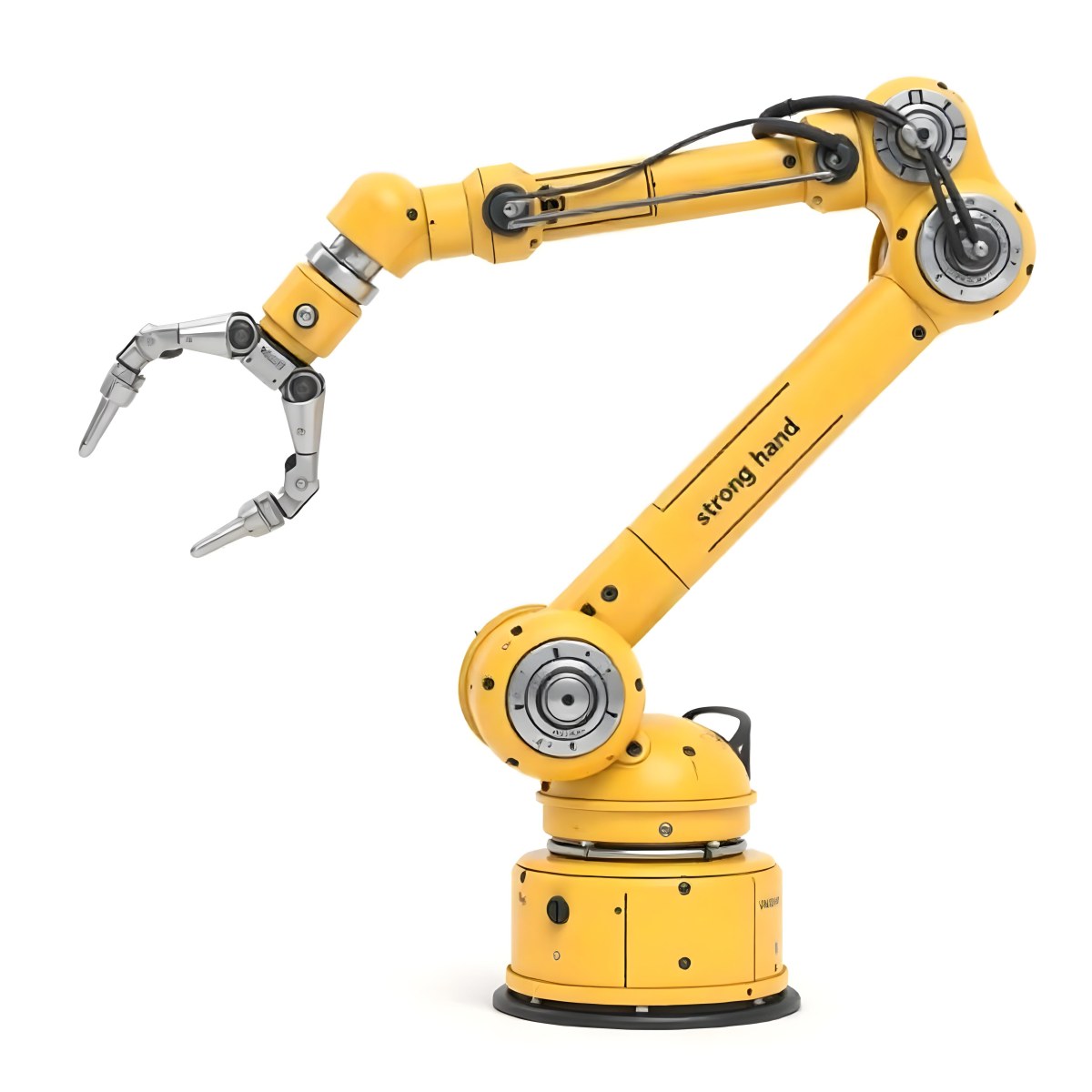 Yellow Industrial Robotic Arm With Metal Pincers The Arm Has The Words Strong Hand Written On It Isolated On White Background 5 Ad2f