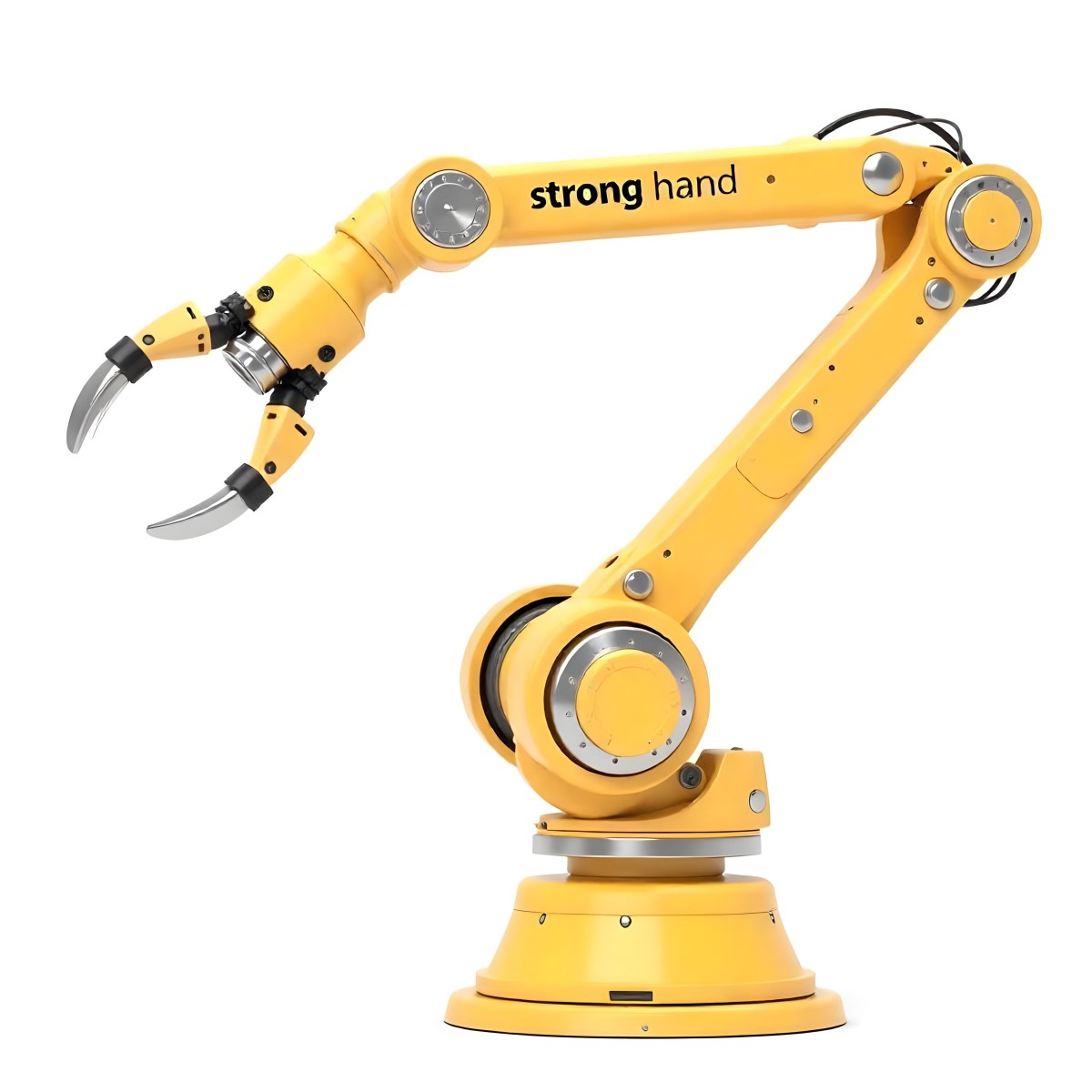 Yellow Industrial Robotic Arm With Metal Pincers The Arm Has The Words Strong Hand Written On It Isolated On White Background 6 C51c