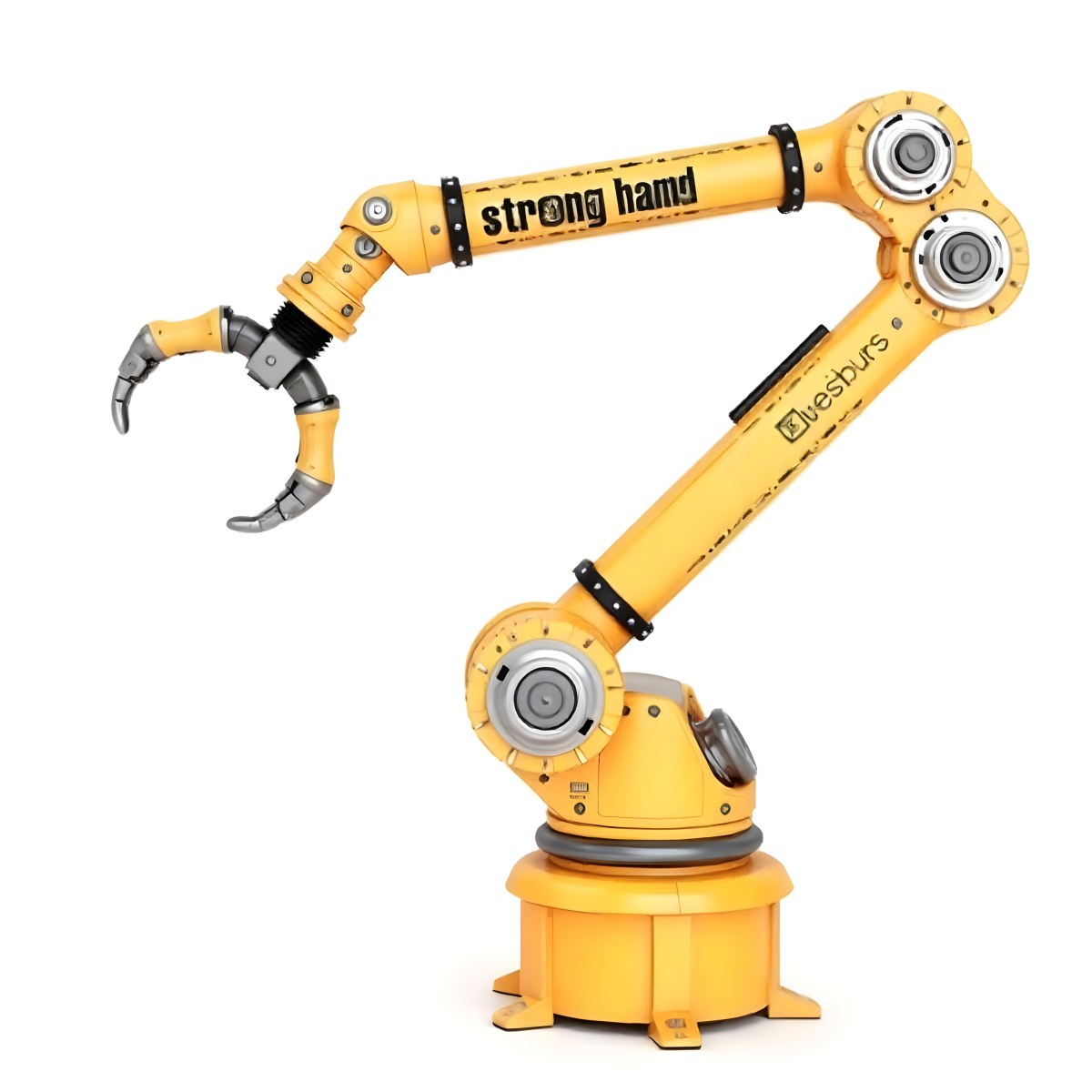 Yellow Industrial Robotic Arm With Metal Pincers The Arm Has The Words Strong Hand Written On It Isolated On White Background 7 9fdb