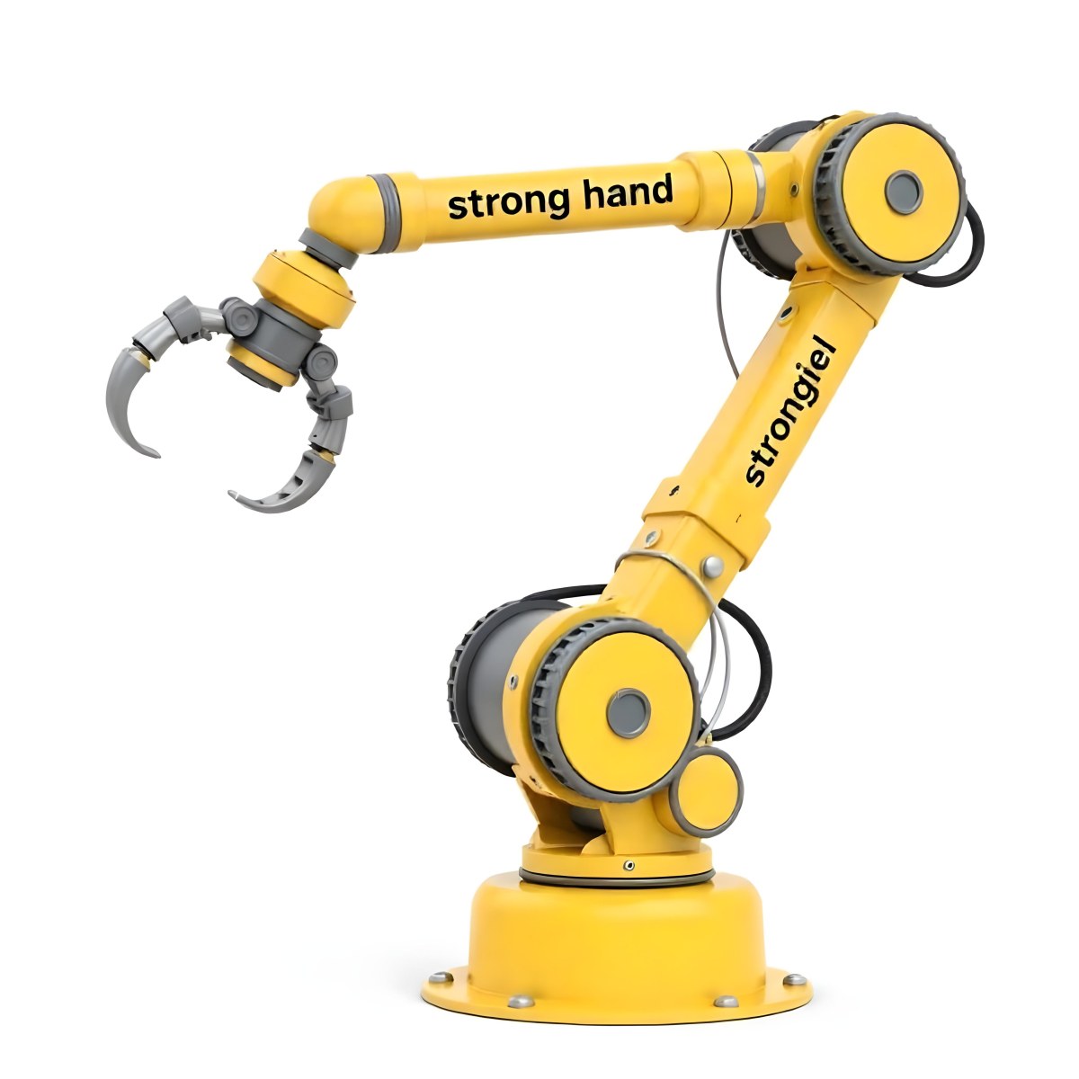 Yellow Industrial Robotic Arm With Metal Pincers The Arm Has The Words Strong Hand Written On It Isolated On White Background 8 4c6e