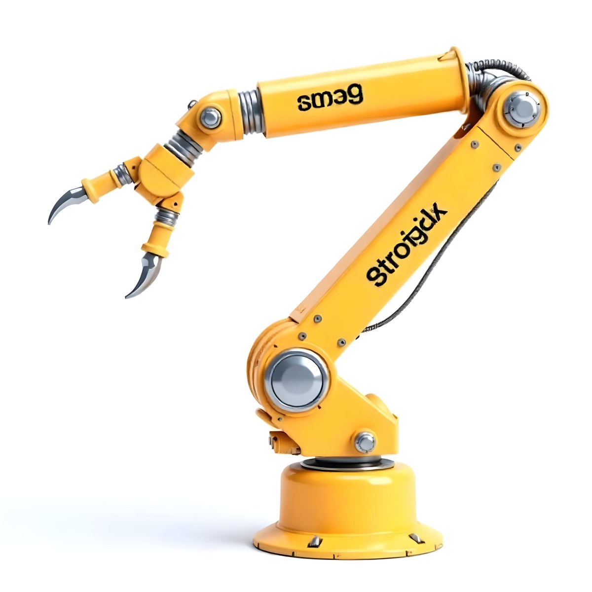 Yellow Industrial Robotic Arm With Metal Pincers The Arm Has The Words Strong Hand Written On It Isolated On White Background 9 407c
