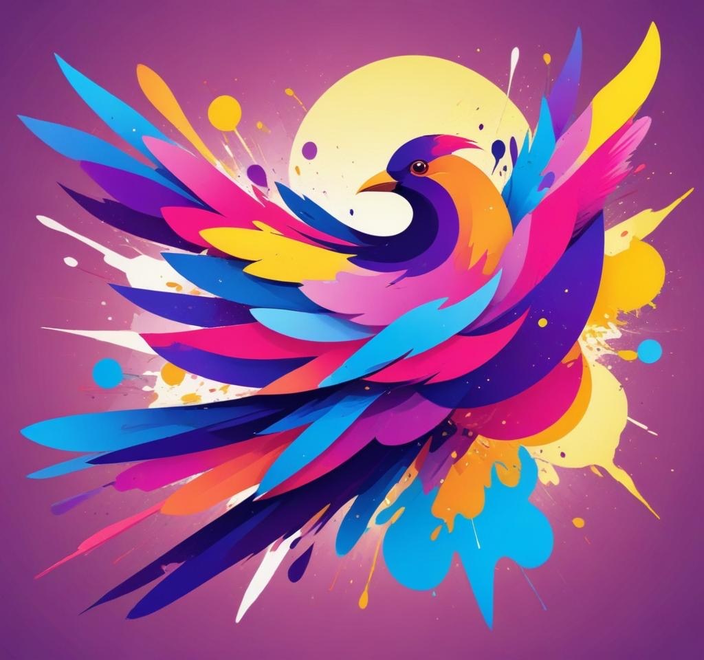 A Colorful Bird With Vibrant Feathers In Shades Of Purple Pink Orange And Yellow The Bird Has A Simple Stylized Design With Abstract Patterns And Shapes Forming Its Plumage The Background Is Plain White 132 B18b
