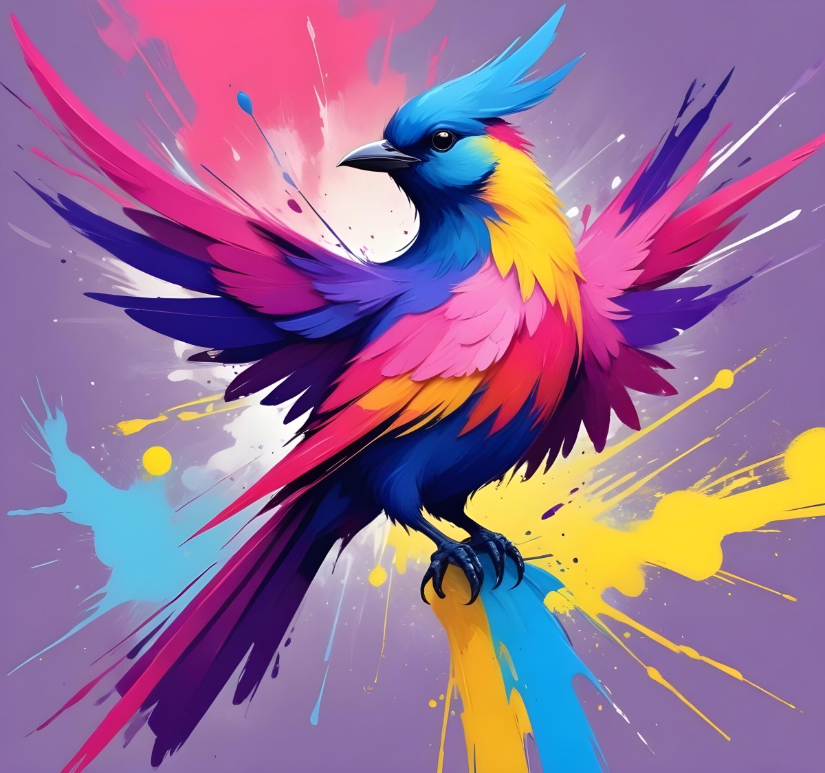 A Colorful Bird With Vibrant Feathers In Shades Of Purple Pink Orange And Yellow The Bird Has A Simple Stylized Design With Abstract Patterns And Shapes Forming Its Plumage The Background Is Plain White 41 894a