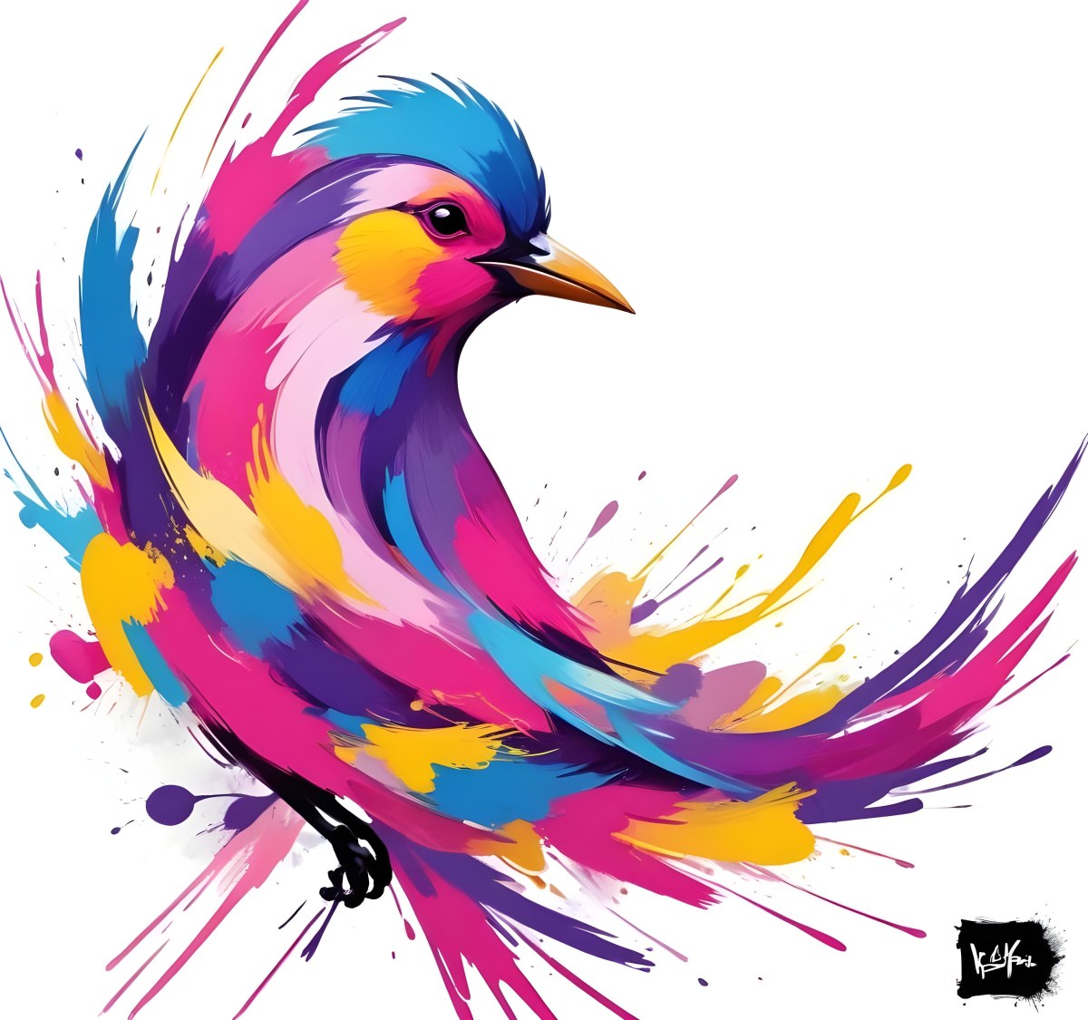 A Colorful Bird With Vibrant Feathers In Shades Of Purple Pink Orange And Yellow The Bird Has A Simple Stylized Design With Abstract Patterns And Shapes Forming Its Plumage The Background Is Plain White 45 Cf7d