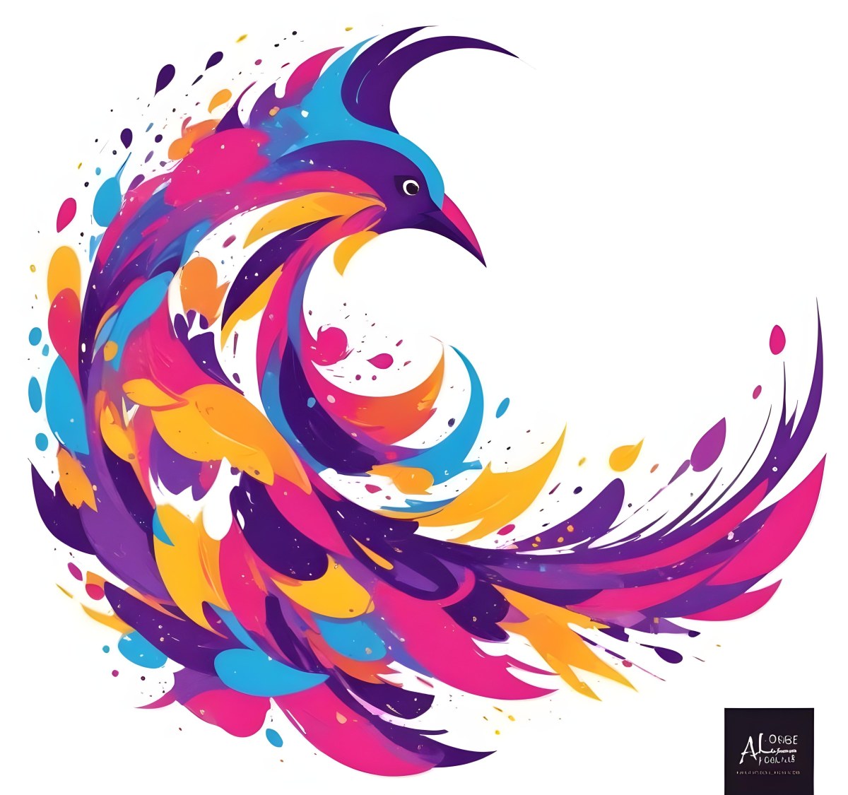 A Colorful Bird With Vibrant Feathers In Shades Of Purple Pink Orange And Yellow The Bird Has A Simple Stylized Design With Abstract Patterns And Shapes Forming Its Plumage The Background Is Plain White 75 95ee