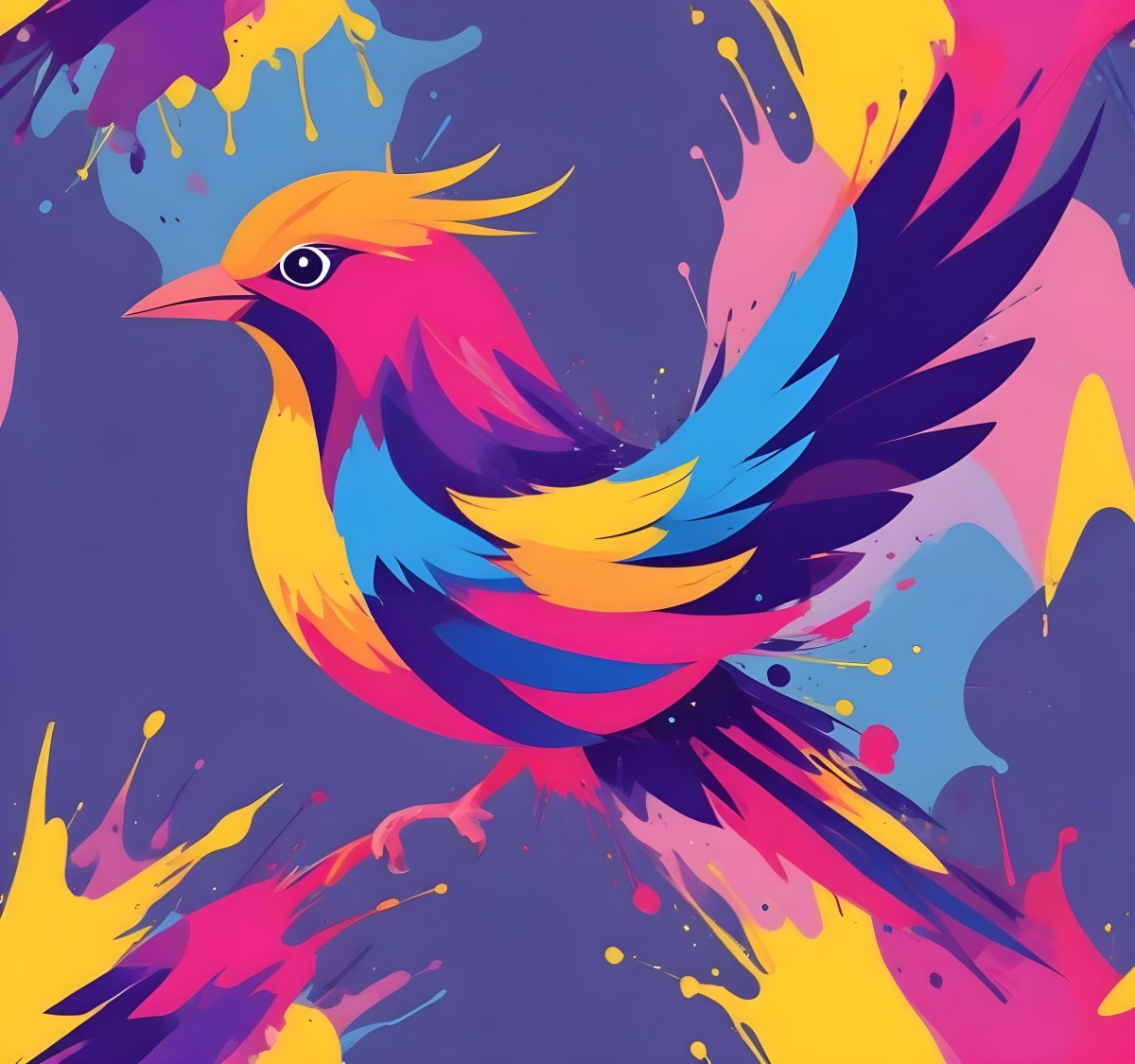 A Colorful Bird With Vibrant Feathers In Shades Of Purple Pink Orange And Yellow The Bird Has A Simple Stylized Design With Abstract Patterns And Shapes Forming Its Plumage The Background Is Plain White 88 Db07