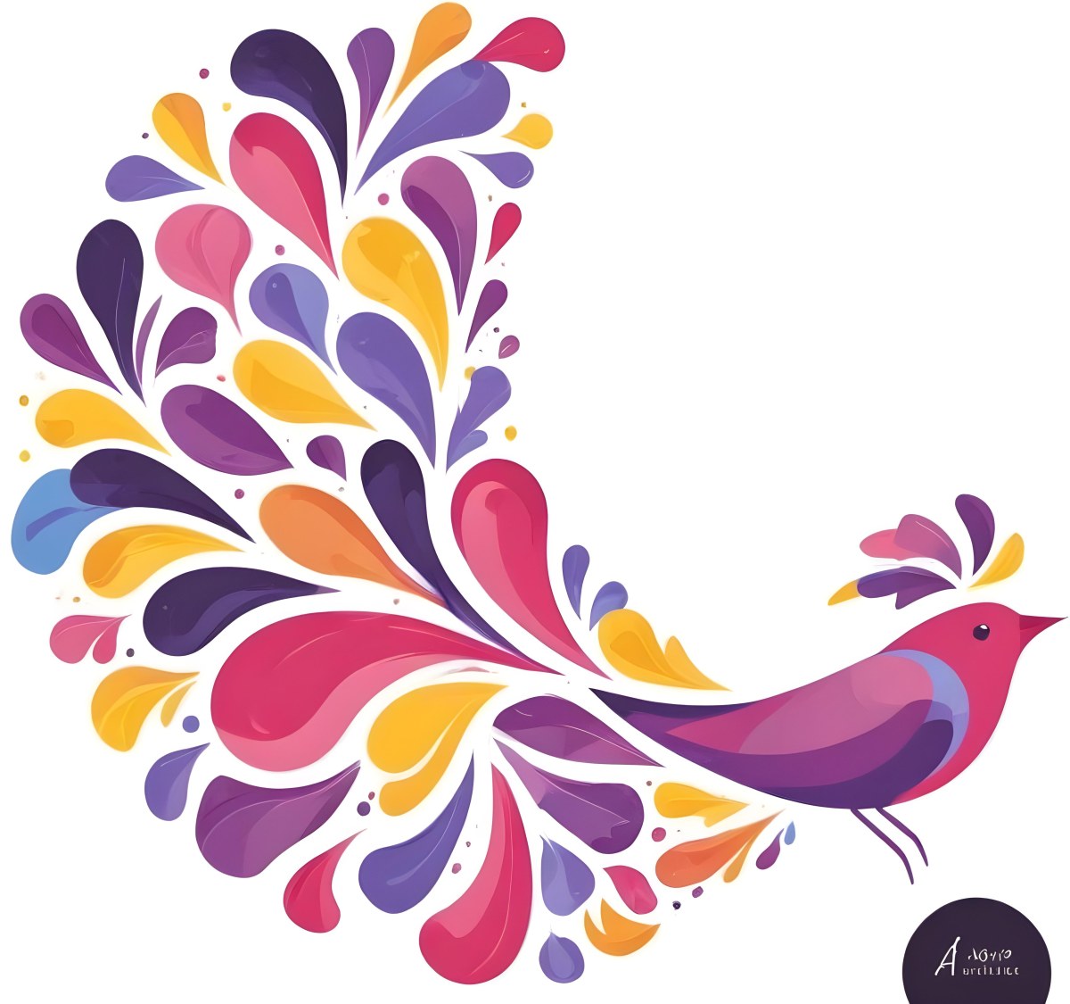A Colorful Bird With Vibrant Feathers In Shades Of Purple Pink Orange And Yellow The Bird Has A Simple Stylized Design With Abstract Patterns And Shapes Forming Its Plumage The Background Is Plain White 93 478c
