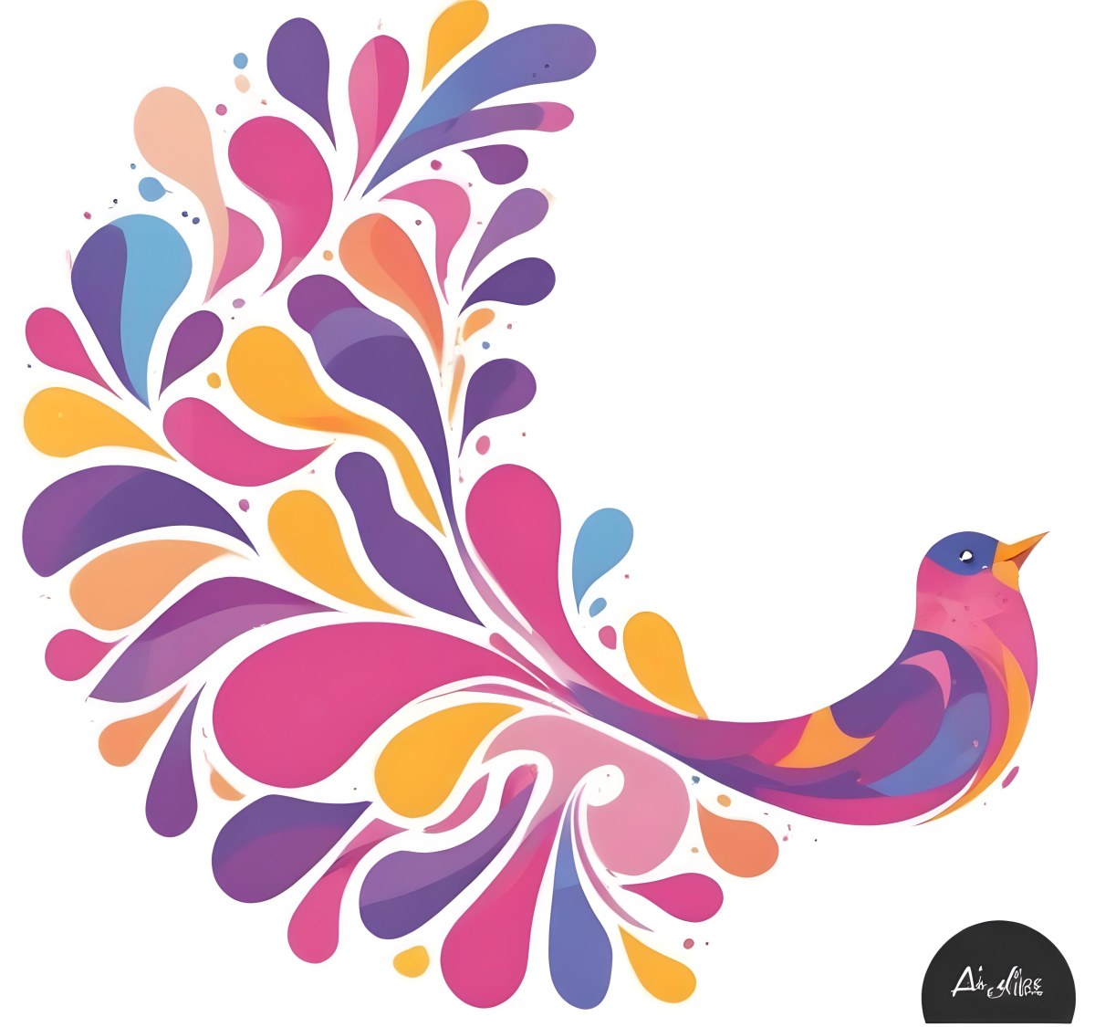 A Colorful Bird With Vibrant Feathers In Shades Of Purple Pink Orange And Yellow The Bird Has A Simple Stylized Design With Abstract Patterns And Shapes Forming Its Plumage The Background Is Plain White 97 99ec