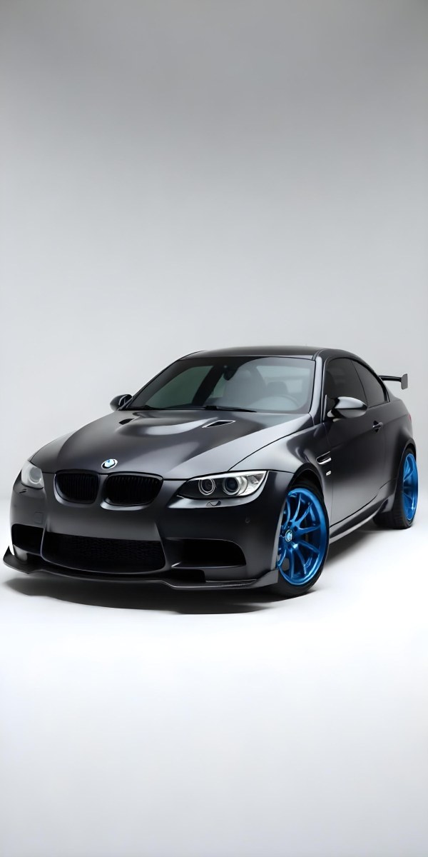 A Black Bmw M3 E92 With A Wide Body Kit Blue Rims And A Carbon Fiber Front Lip Studio Background 20 8cf3