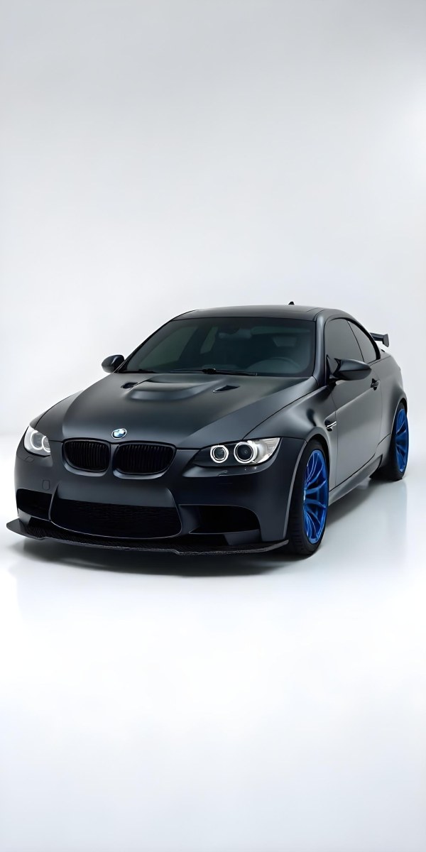 A Black Bmw M3 E92 With A Wide Body Kit Blue Rims And A Carbon Fiber Front Lip Studio Background 24 1820