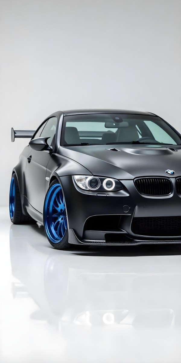 A Black Bmw M3 E92 With A Wide Body Kit Blue Rims And A Carbon Fiber Front Lip Studio Background 3 D9dd
