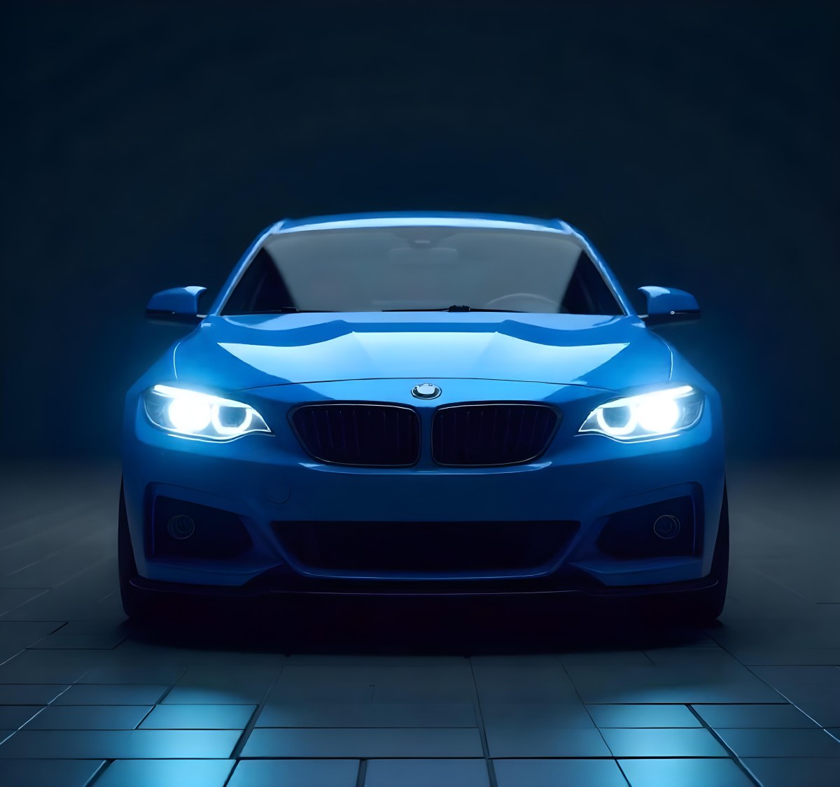 A Blue Car With Its Headlights On In A Dark Background The Headlights Are Bright And Blue The Car Is Facing Forward 15 1e4e