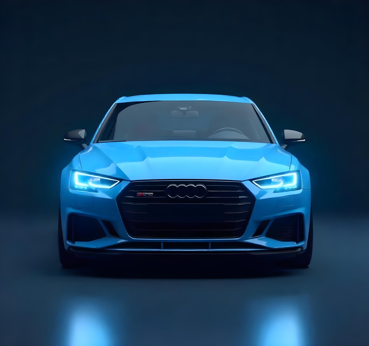 A Blue Car With Its Headlights On In A Dark Background The Headlights Are Bright And Blue The Car Is Facing Forward 17 42f3