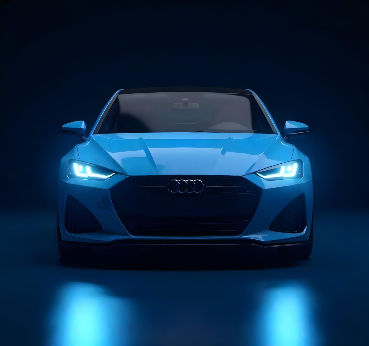 A Blue Car With Its Headlights On In A Dark Background The Headlights Are Bright And Blue The Car Is Facing Forward 19 E8ea