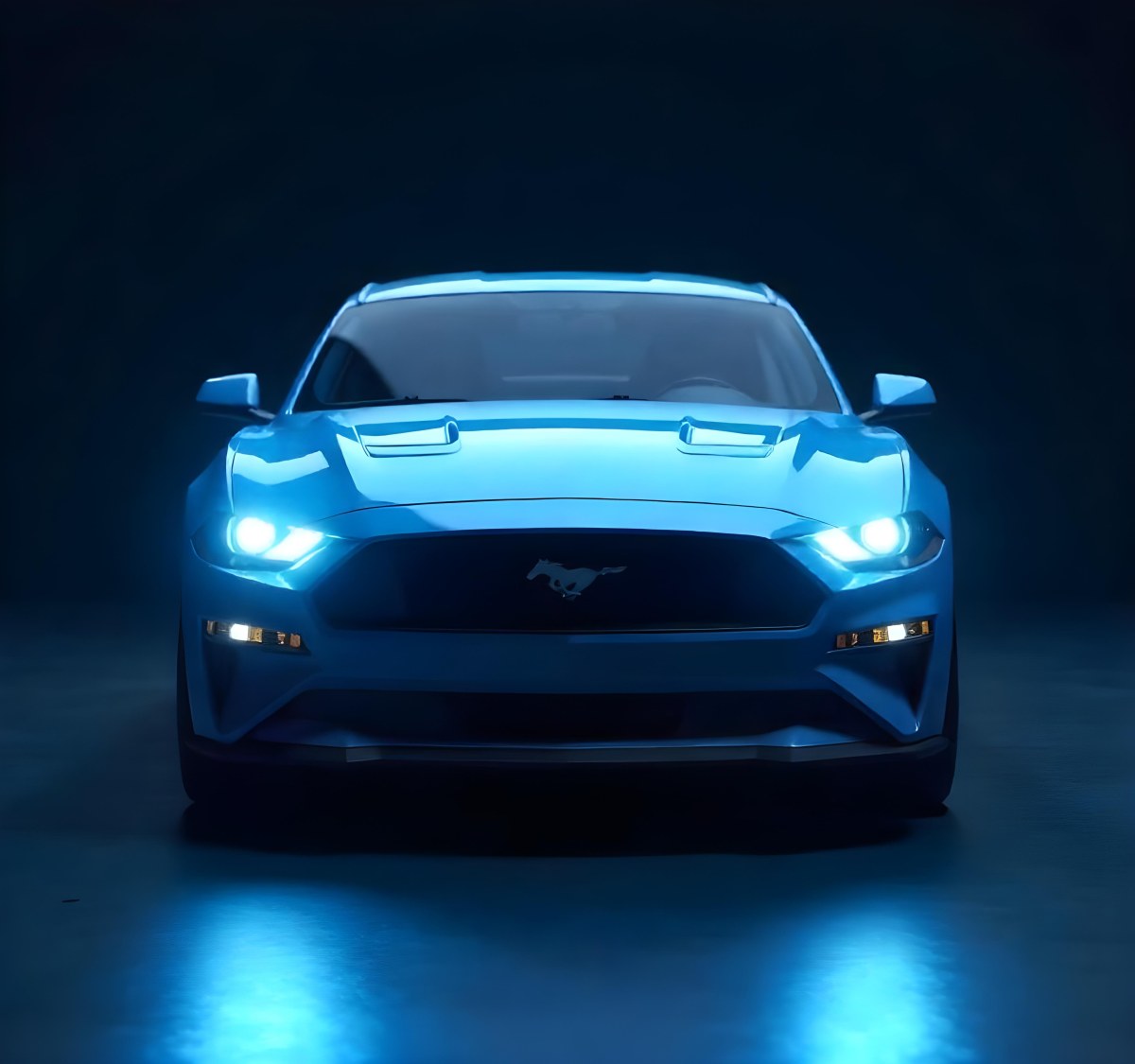 A Blue Car With Its Headlights On In A Dark Background The Headlights Are Bright And Blue The Car Is Facing Forward 21 F17e