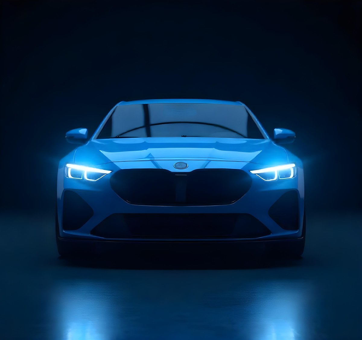 A Blue Car With Its Headlights On In A Dark Background The Headlights Are Bright And Blue The Car Is Facing Forward 22 0d6f