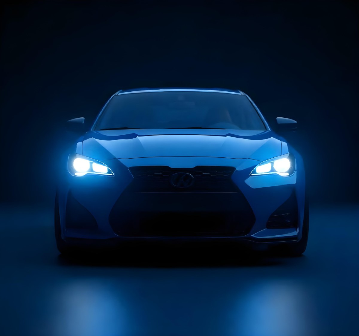 A Blue Car With Its Headlights On In A Dark Background The Headlights Are Bright And Blue The Car Is Facing Forward 24 A146