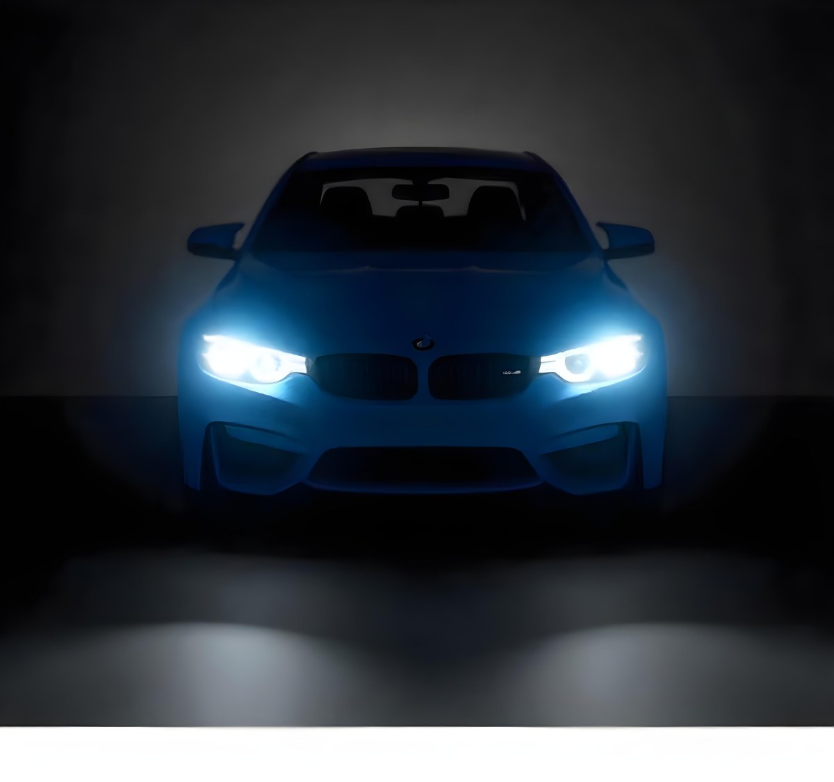 A Blue Car With Its Headlights On In A Dark Background The Headlights Are Bright And Blue The Car Is Facing Forward 26 C936