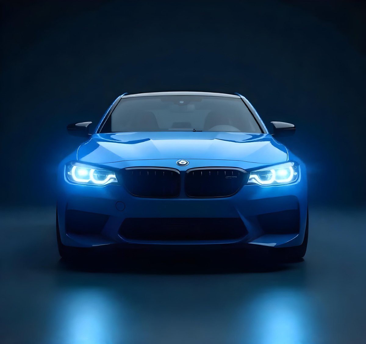 A Blue Car With Its Headlights On In A Dark Background The Headlights Are Bright And Blue The Car Is Facing Forward 28 3fdd
