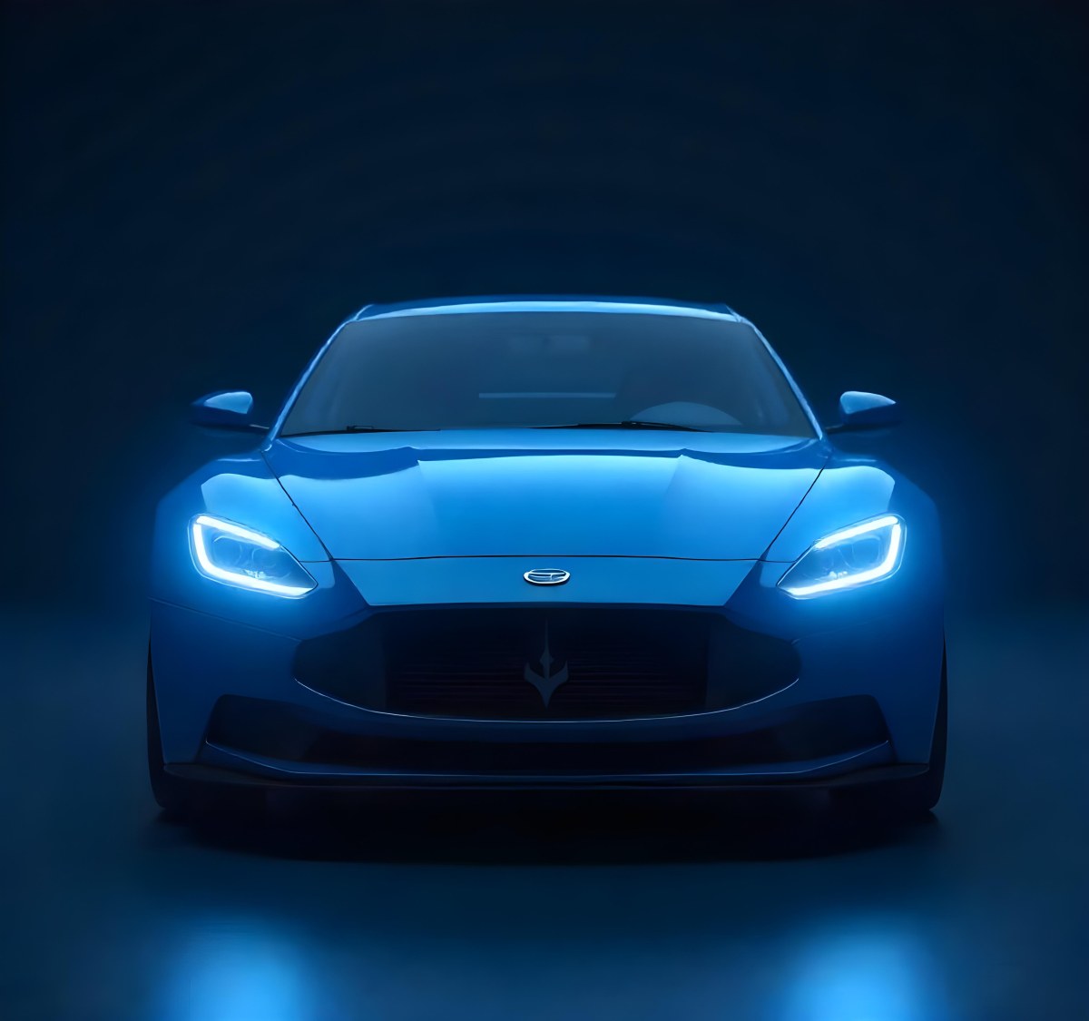 A Blue Car With Its Headlights On In A Dark Background The Headlights Are Bright And Blue The Car Is Facing Forward 29 7dfa