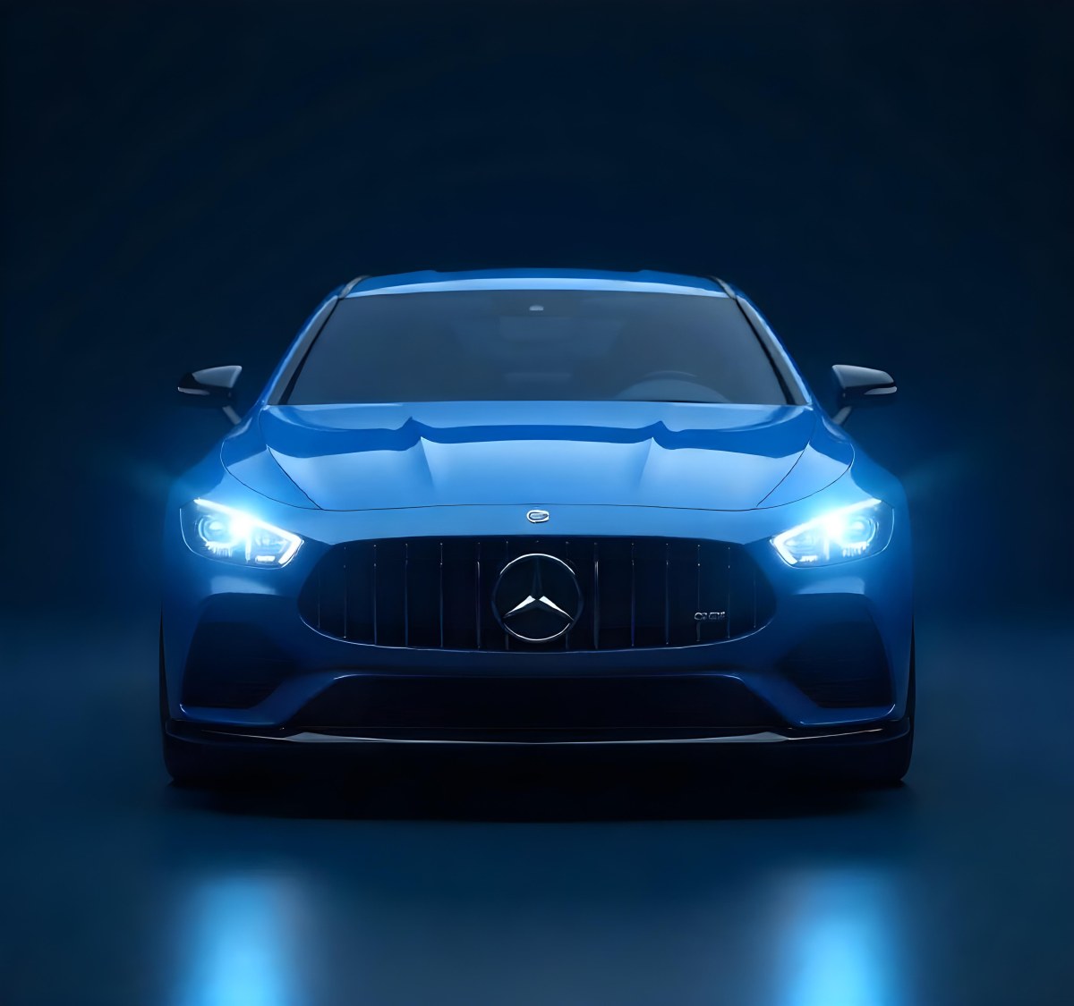 A Blue Car With Its Headlights On In A Dark Background The Headlights Are Bright And Blue The Car Is Facing Forward 32 276e