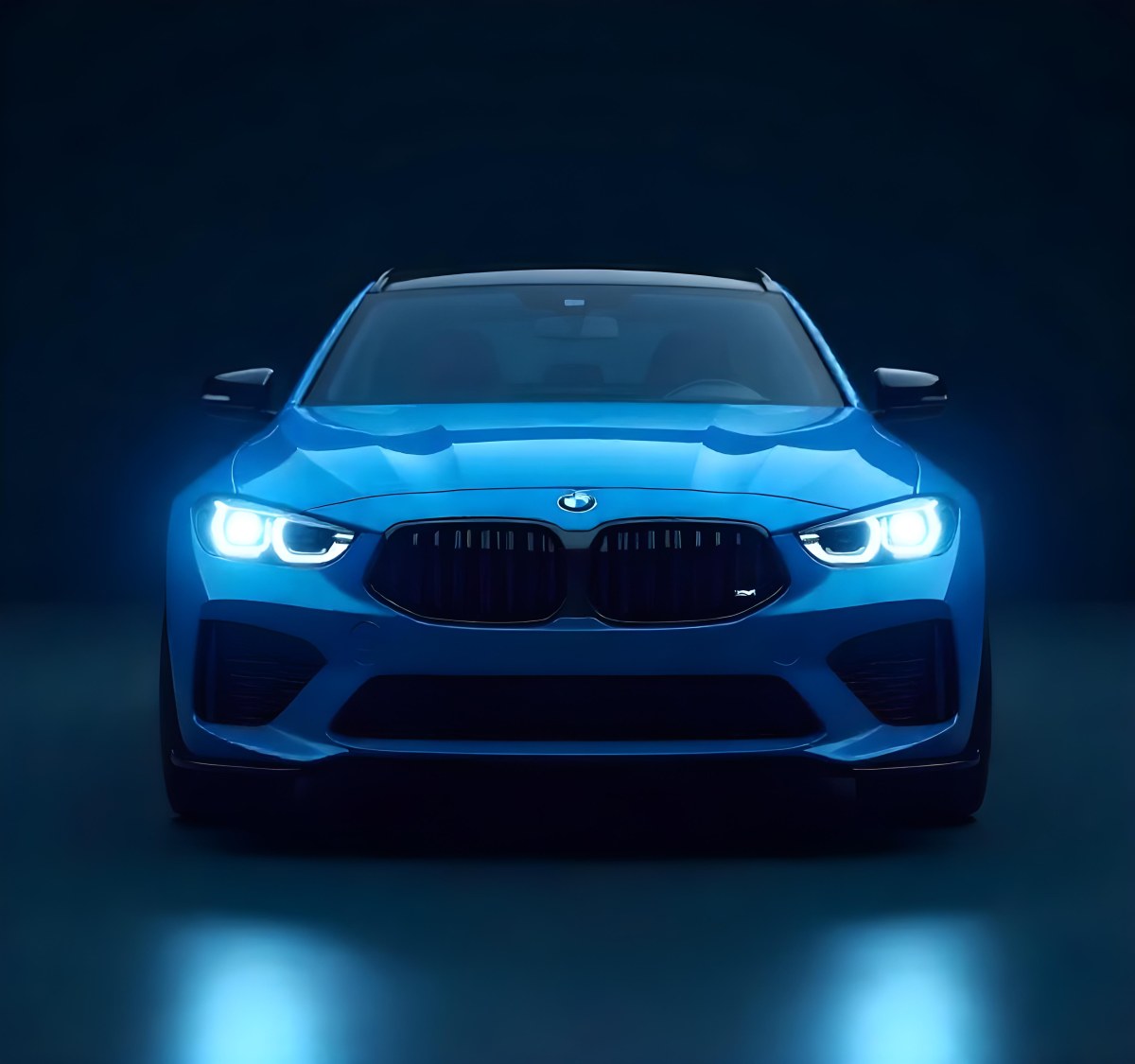 A Blue Car With Its Headlights On In A Dark Background The Headlights Are Bright And Blue The Car Is Facing Forward 5 6668