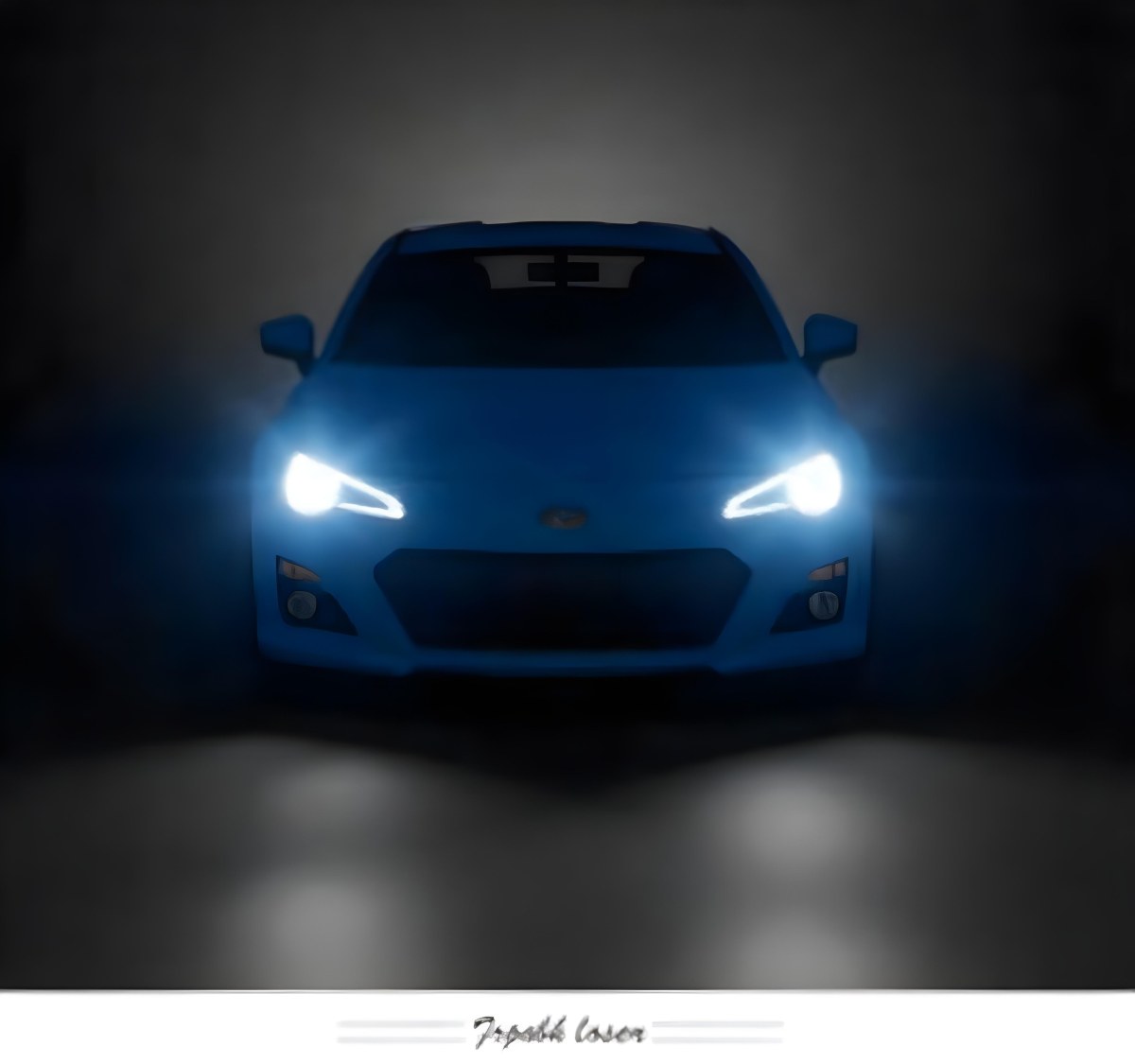 A Blue Car With Its Headlights On In A Dark Background The Headlights Are Bright And Blue The Car Is Facing Forward 6 5cfe