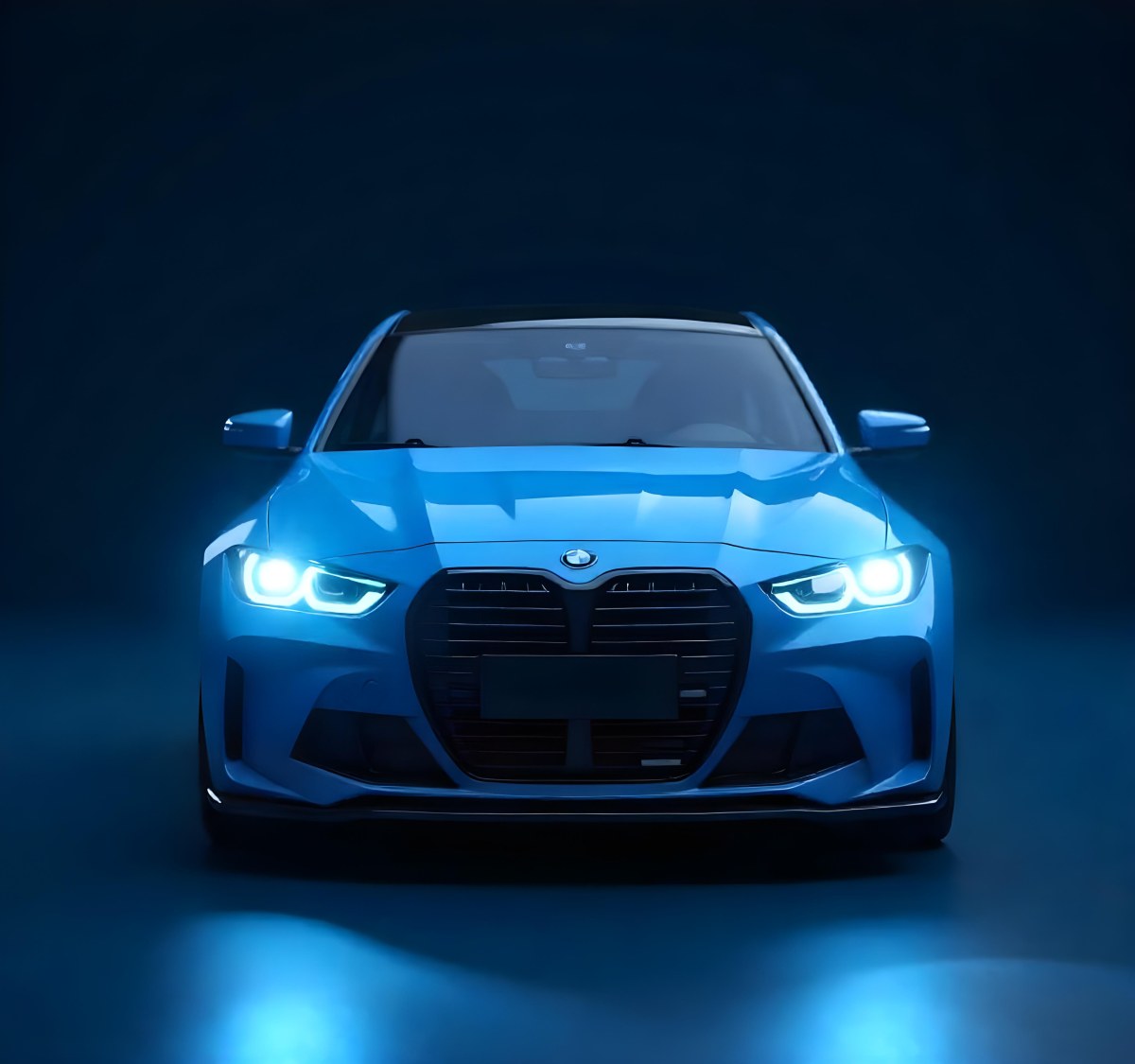 A Blue Car With Its Headlights On In A Dark Background The Headlights Are Bright And Blue The Car Is Facing Forward 7 E81d