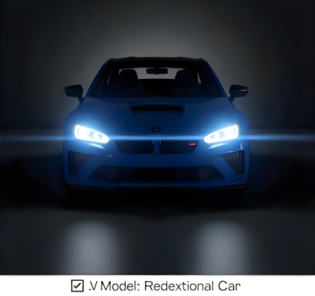 A Blue Car With Its Headlights On In A Dark Background The Headlights Are Bright And Blue The Car Is Facing Forward 8 C07e