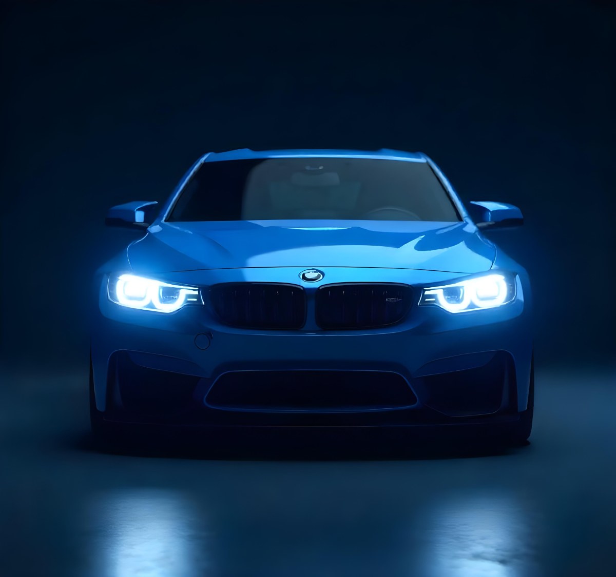 A Blue Car With Its Headlights On In A Dark Background The Headlights Are Bright And Blue The Car Is Facing Forward 9 475c