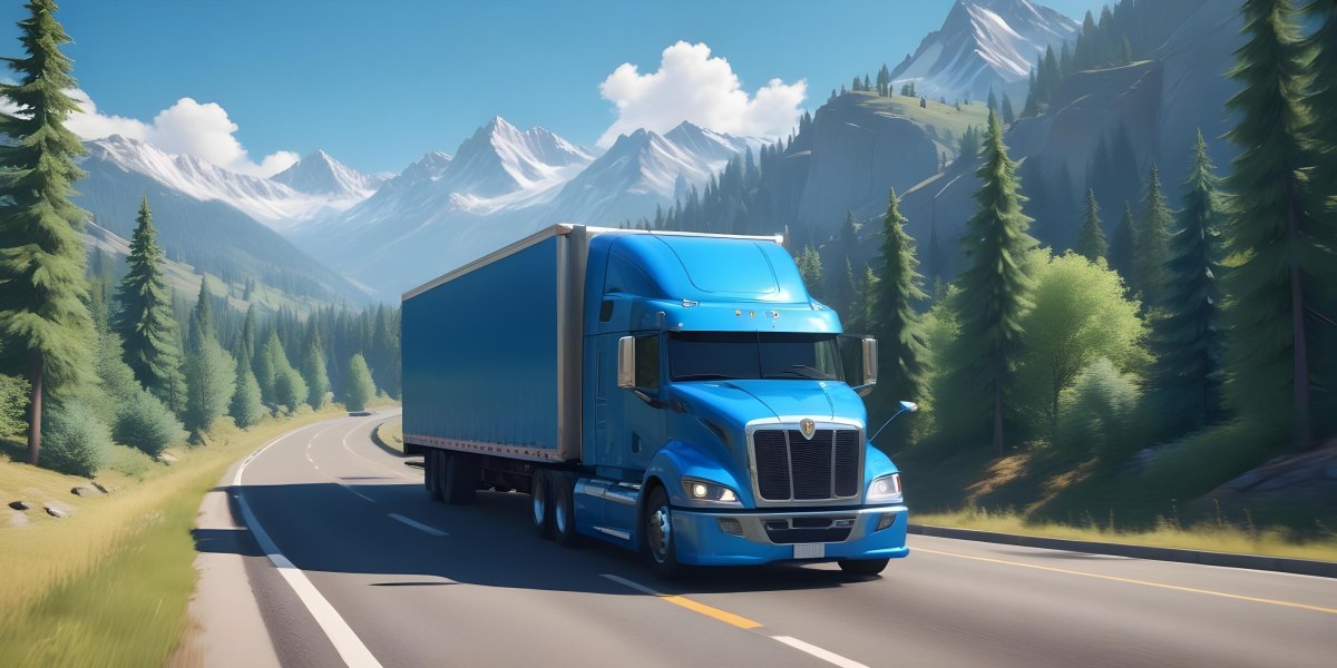 A Blue Semi Truck Driving On A Road With Mountains And Trees In The Background Sunny Day Blue Sky Motion Blur 14 046c