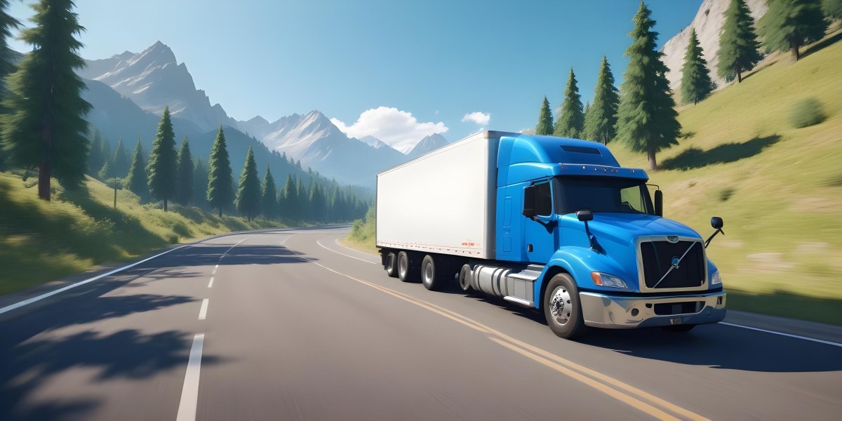 A Blue Semi Truck Driving On A Road With Mountains And Trees In The Background Sunny Day Blue Sky Motion Blur 2 3977