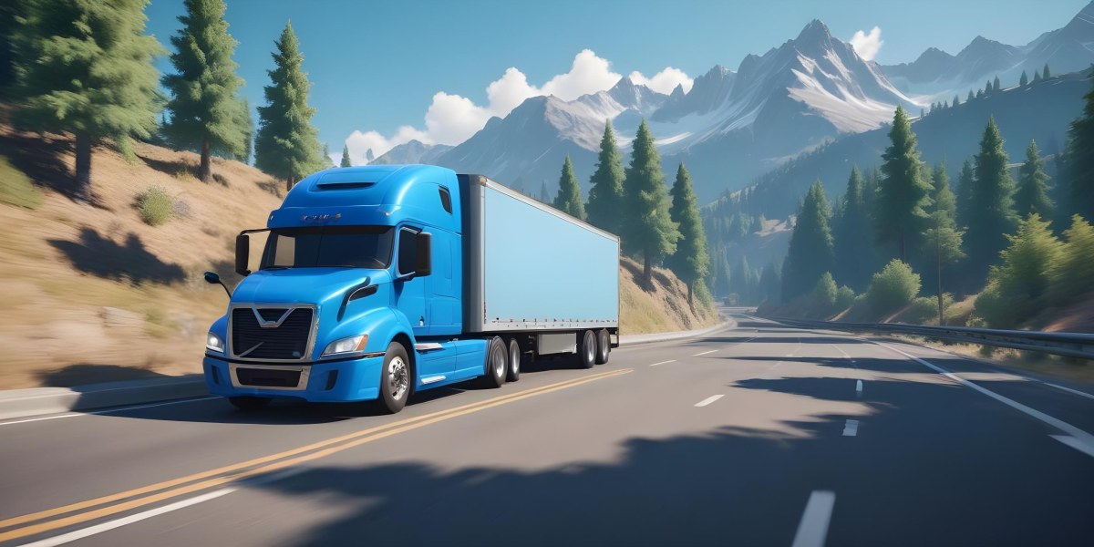 A Blue Semi Truck Driving On A Road With Mountains And Trees In The Background Sunny Day Blue Sky Motion Blur 6 2338