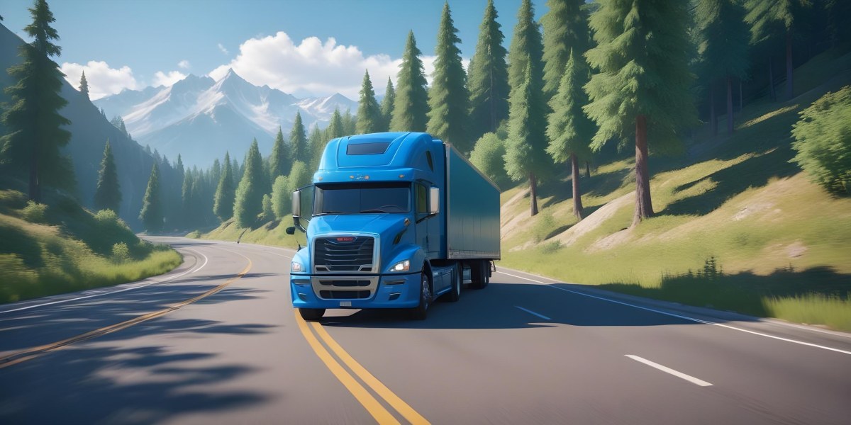 A Blue Semi Truck Driving On A Road With Mountains And Trees In The Background Sunny Day Blue Sky Motion Blur 8 16eb