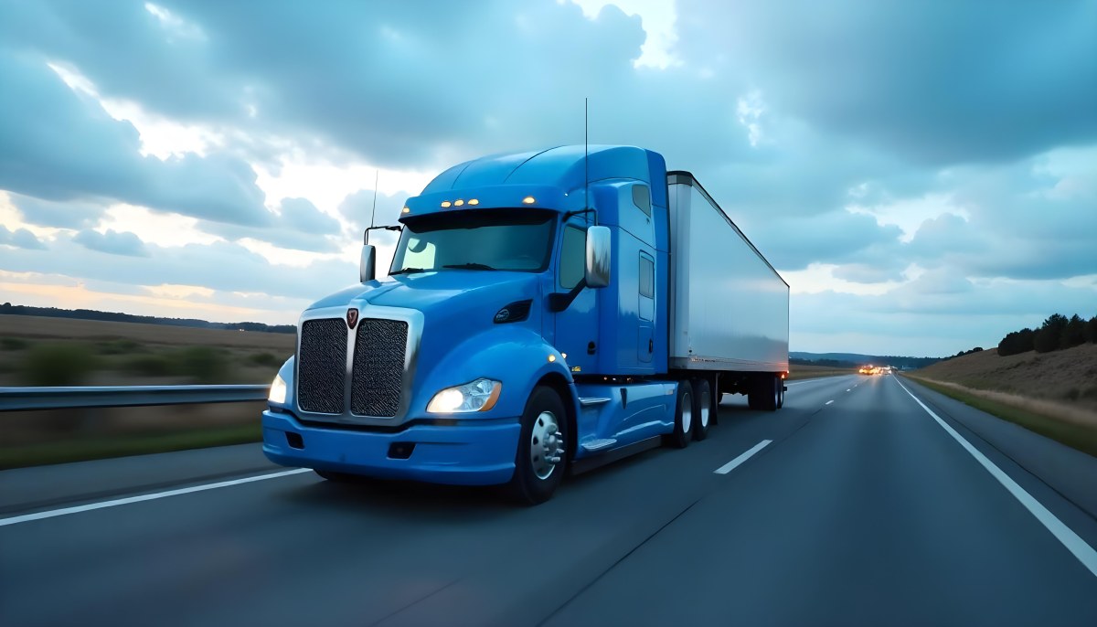 A Blue Semi Truck On A Highway With Motion Blur The Sky Is Black With Some Clouds Daytime 11 305c