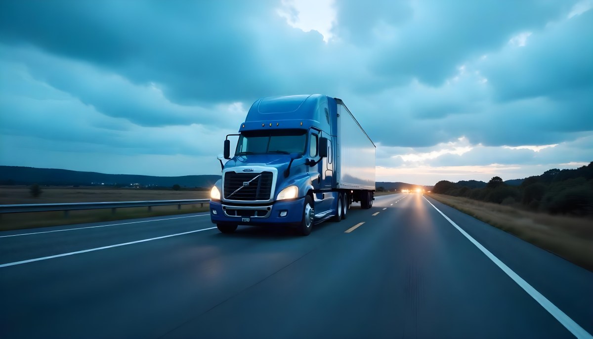 A Blue Semi Truck On A Highway With Motion Blur The Sky Is Black With Some Clouds Daytime 14 39cd