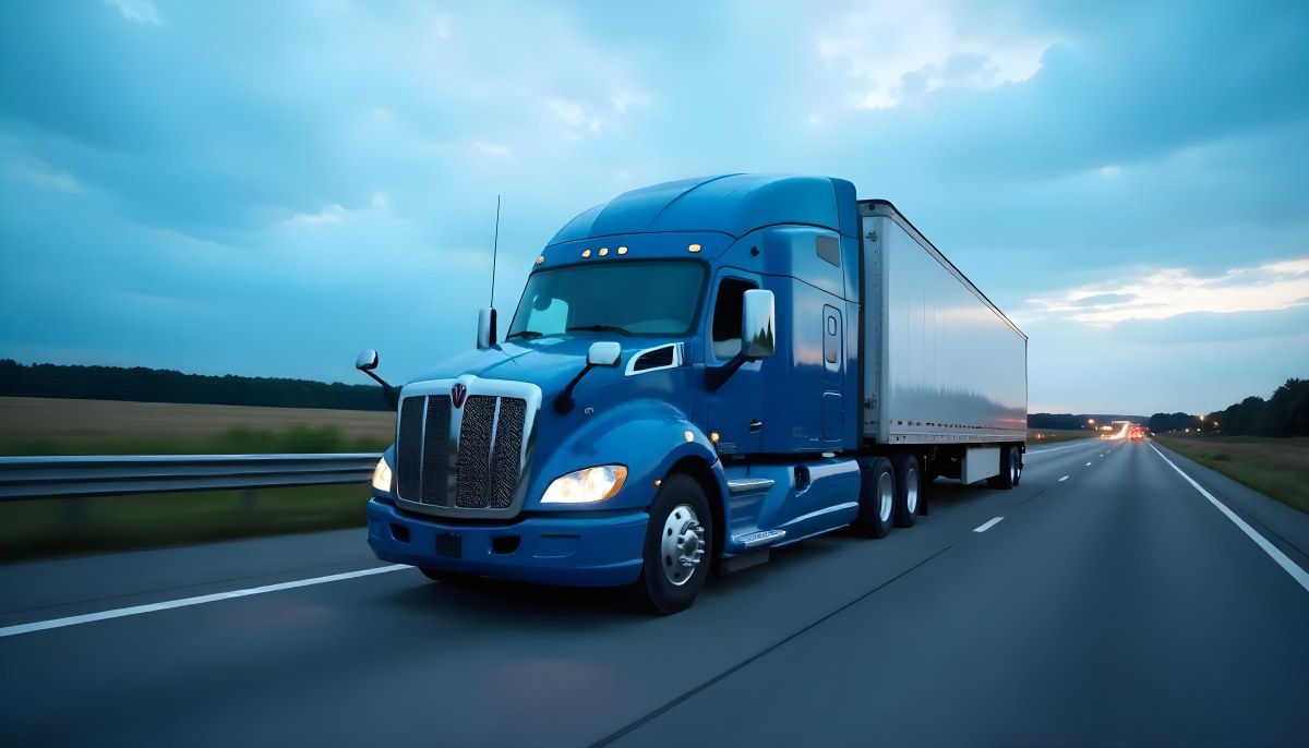 A Blue Semi Truck On A Highway With Motion Blur The Sky Is Black With Some Clouds Daytime 17 E3c5