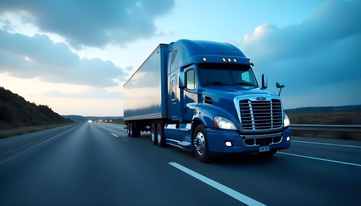 A Blue Semi Truck On A Highway With Motion Blur The Sky Is Black With Some Clouds Daytime 27 0bab