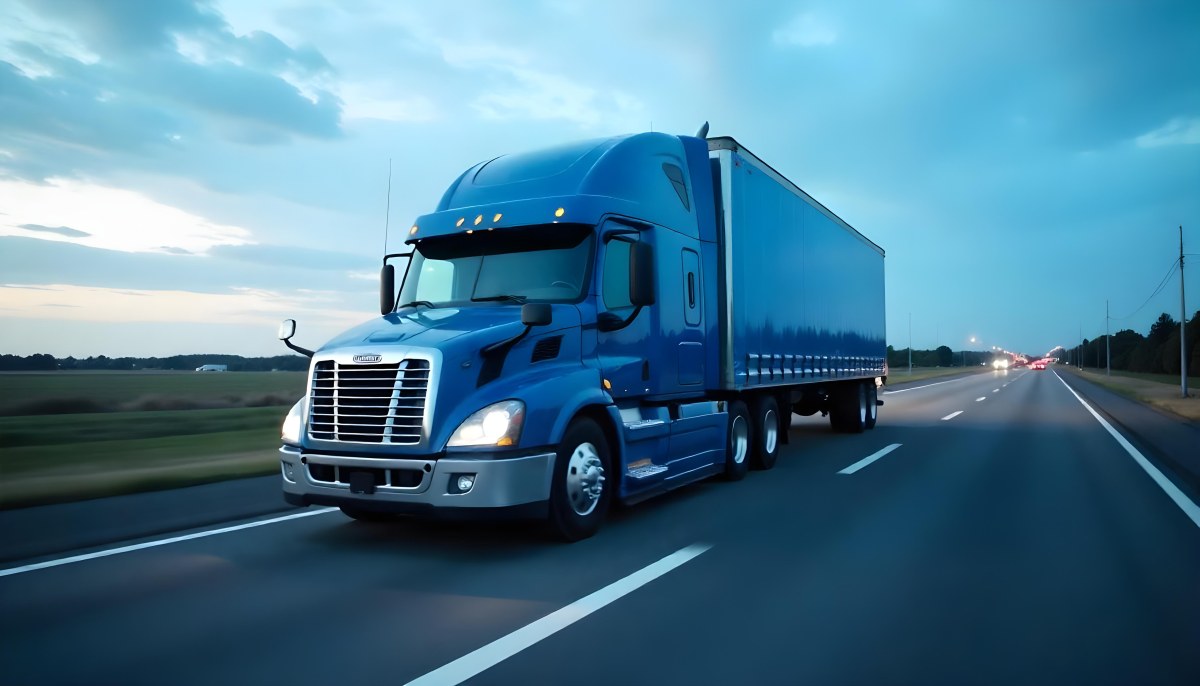 A Blue Semi Truck On A Highway With Motion Blur The Sky Is Black With Some Clouds Daytime 29 B25a