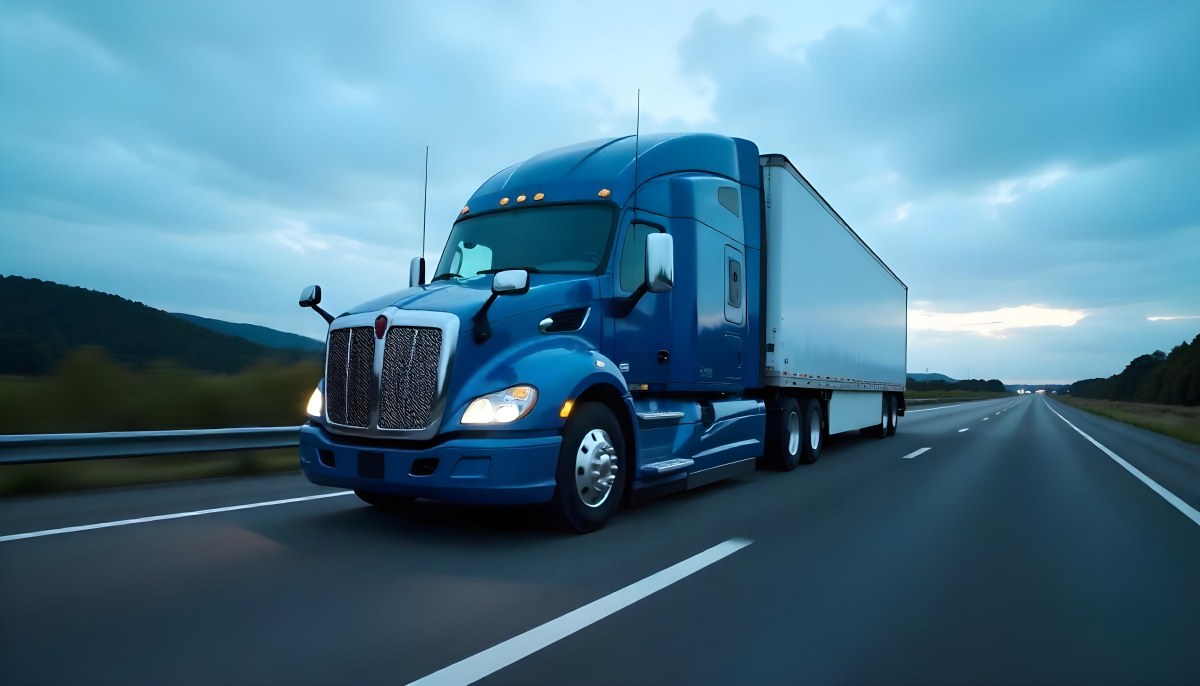 A Blue Semi Truck On A Highway With Motion Blur The Sky Is Black With Some Clouds Daytime 3 C95b