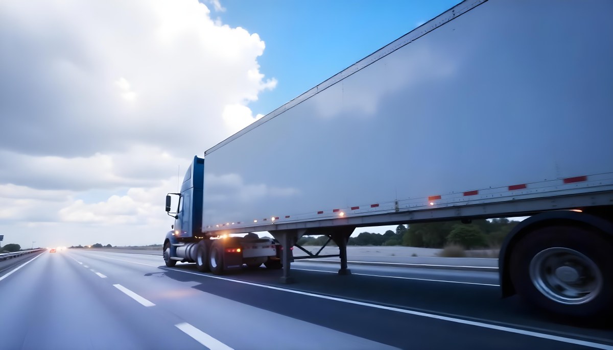A Blue Semi Truck On A Highway With Motion Blur The Sky Is Black With Some Clouds Daytime 30 20e3